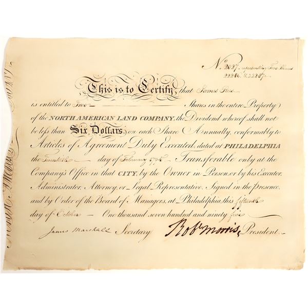 North American Land Company Stock Signed by Founding Father Robert Morris, Uncancelled [199265]