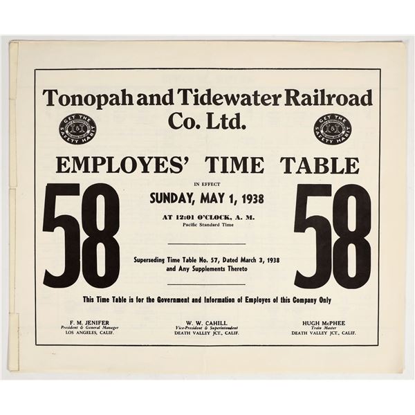 Tonopah & Tidewater Railroad Timetable, 1938 (Reprint) [201378]