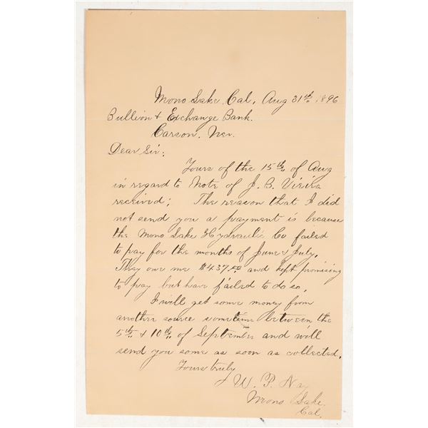 1896 Mono Lake Letter Signed by Pioneer, Mentions Mono Lake Hydraulic Mining! [202727]