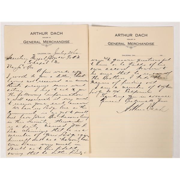 Arthur Dach Letterheads, 2, 1910's, Calzona, CA [193461]