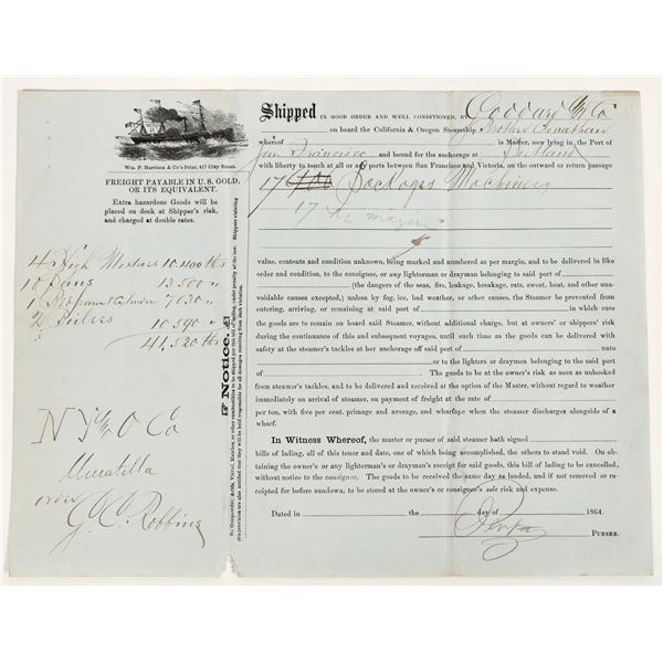 Treasure Ship: California and Oregon Steamship Brother Jonathan, 1864 Bill of Lading [202703]