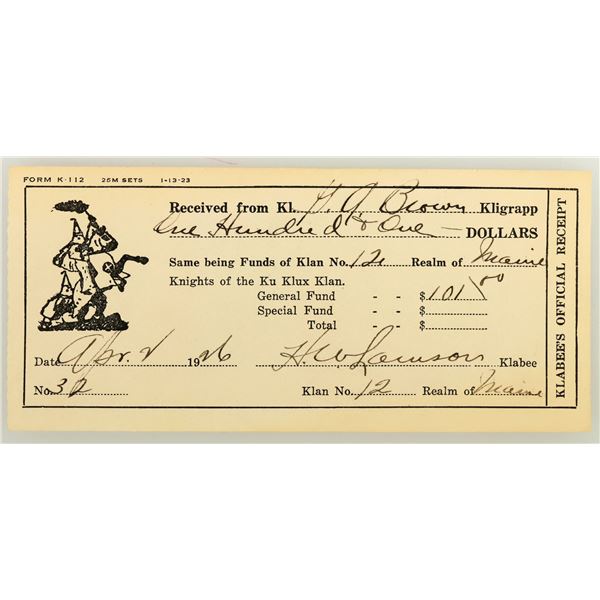 Maine Klu Klux Klan (KKK) 1926 Receipt [202686]