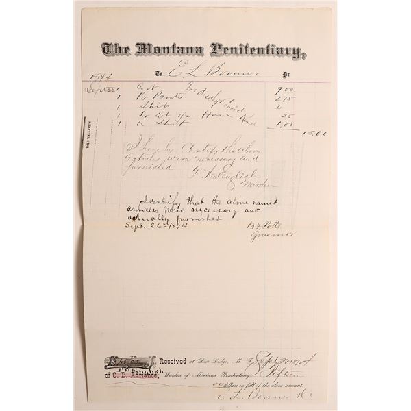 Montana Prison Letterhead  Signed by Governor Benjamin Franklin Potts, 1874 [186162]