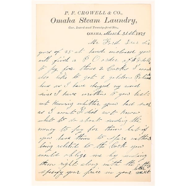 1873 letter about purchase of chickens, Omaha NE [188197]