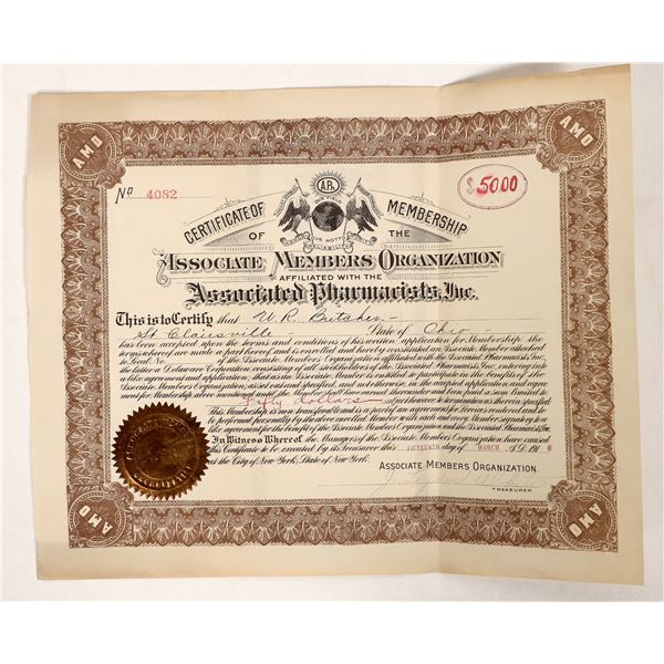 Associated Pharmacists Membership Certificate, 1918, Rare [191691]
