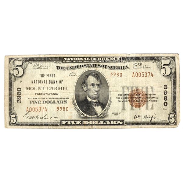 First National Bank of Mount Carmel $5 Bank Note [200683]