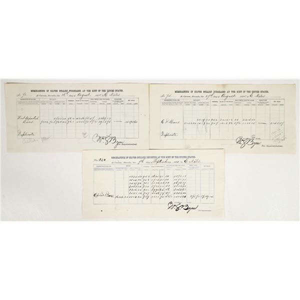 Rare 1870s Carson City Mint Silver Bullion Memorandums for Comstock Mine Deposits [201532]
