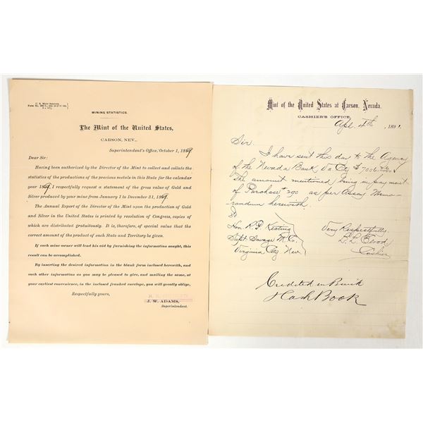 Two 1890s Carson City Mint Form incl. Savage Mine Deposit [202676]