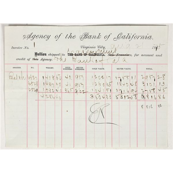 Bank of California Bullion Shipment Receipt to the Carson City Mint [201486]
