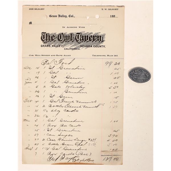 Owl Tavern Grass Valley Token & Letterhead [194486]
