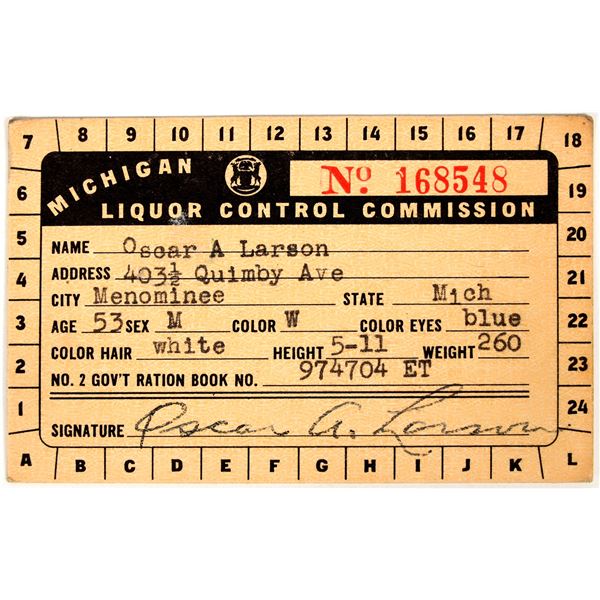 Michigan Liquor Control Commission Ration Ticket [201769]