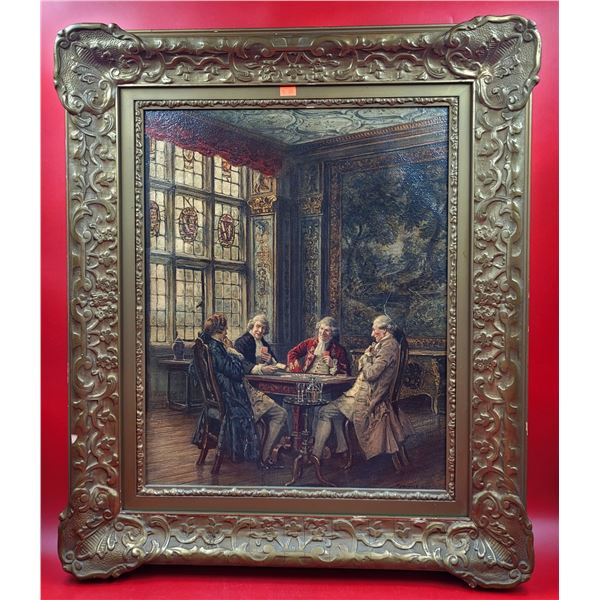 Antique Framed Original "The Game of Cards" Oil Painting by Frank Moss Bennett