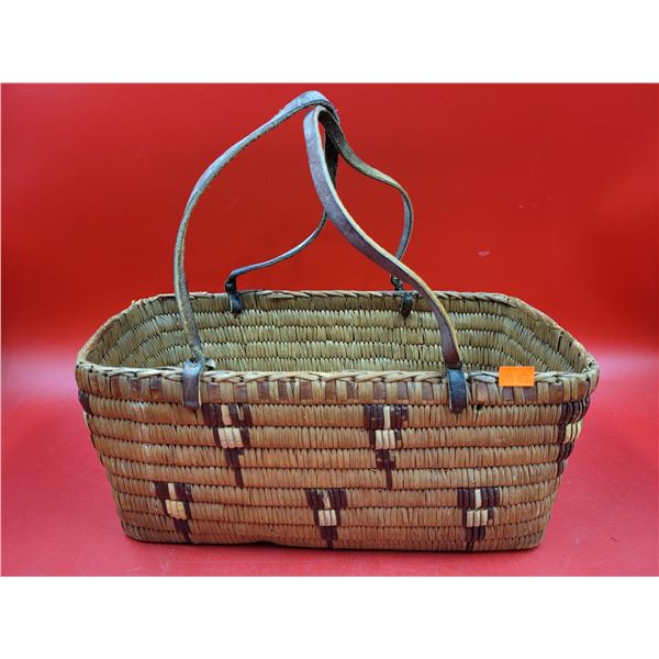 Antique Salish Handwoven Basket w/ Leather Handle
