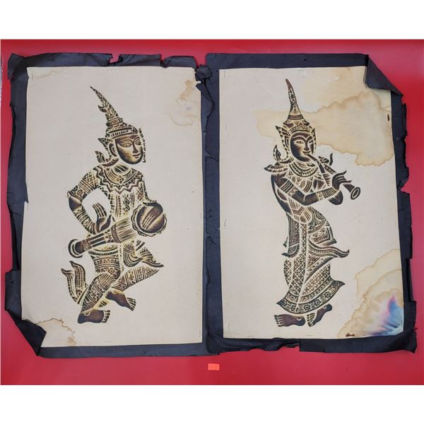 Two VTG Brown Thai Temple Rubbings