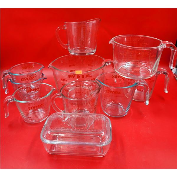 Large Lot Of Pyrex Measuring Glasses & Cow Butter Dish