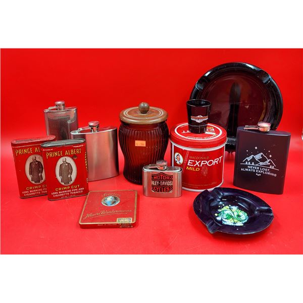 Smoking/Drinking Lot Including Ashtrays, Tins & Flasks
