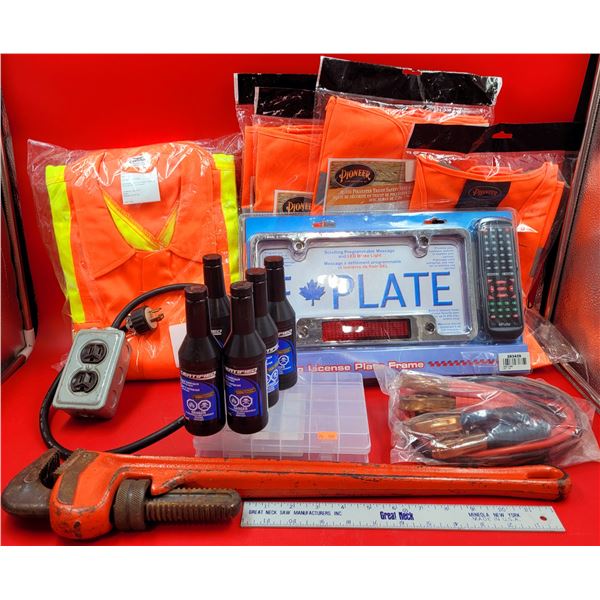 Electronic License Plate Frame, Pioneer Safety Vests, Large Wrench & Tool Lot