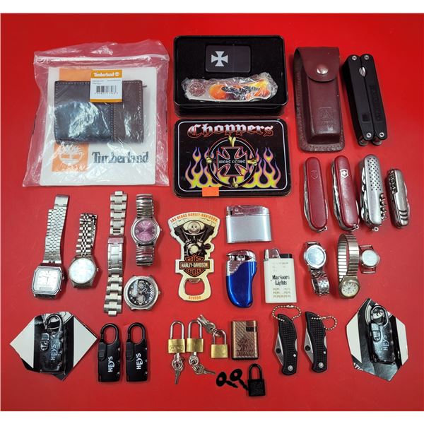 Lot Of Assorted Smalls Including Lighters, Watches, Pocket Knives