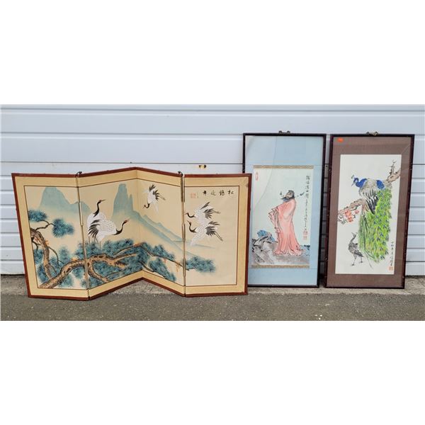 2 Original Asian Paintings & Foldable Screen