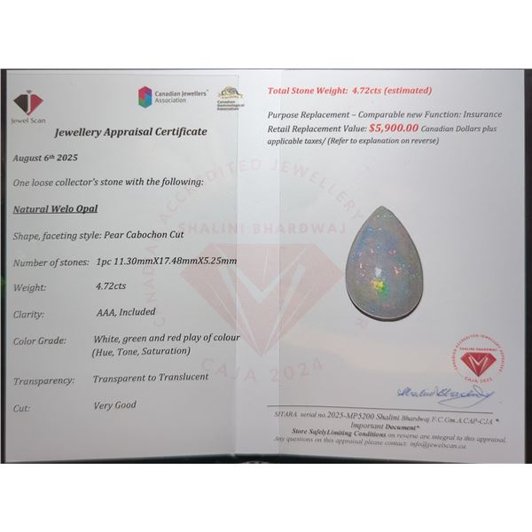 $5,900 Appraisal - 4.72 ct Cert. Opal Gemstone