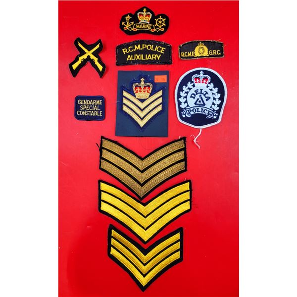 Assorted Police/Military Patches w/ Rank Insignias, RCMP Patches, Marine Patch, & More