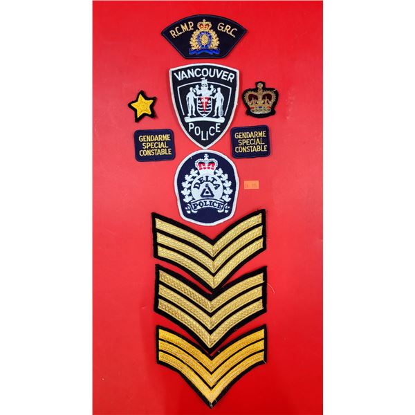 Assorted Police/Military Patches w/ Rank Insignias, Vancouver Police Patch, RCMP Patch, & More