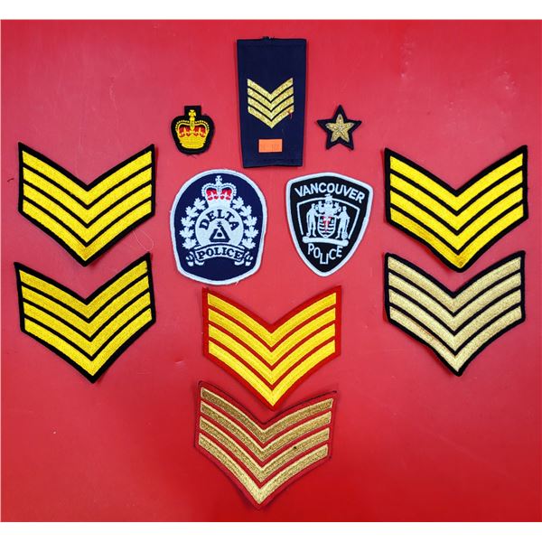 Assorted Police/Military Patches w/ Rank Insignias, Vancouver Police Patch, & More