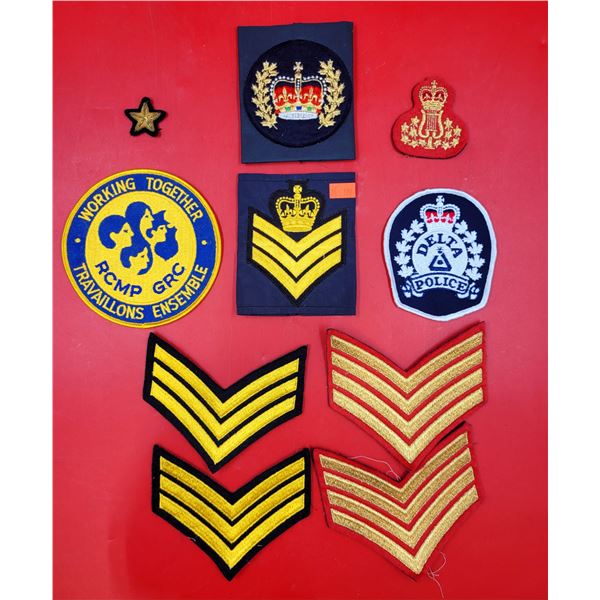Assorted Police/Military Patches w/ Rank Insignias, Delta Police Patch, RCMP Patch, & More