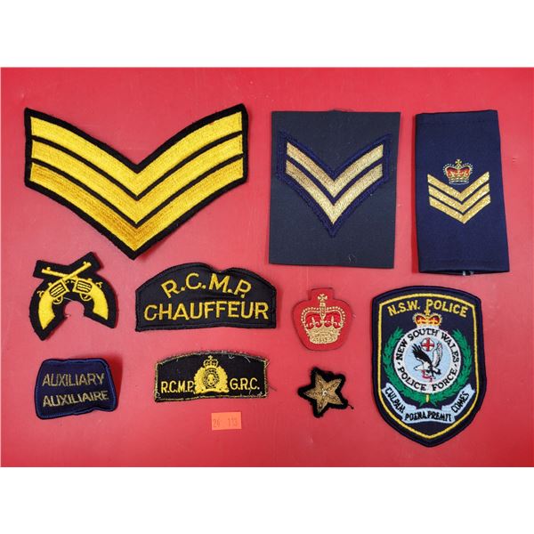 Assorted Police/Military Patches w/ Rank Insignias, RCMP Patches, NSW Police Patch, & More