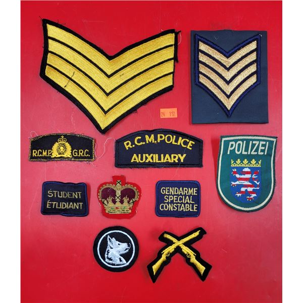Assorted Police/Military Patches w/ Rank Insignias, RCMP Patches, Polizei Patch, & More