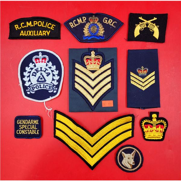 Assorted Police/Military Patches w/ Rank Insignias, RCMP Patches, Delta Police Patch, & More