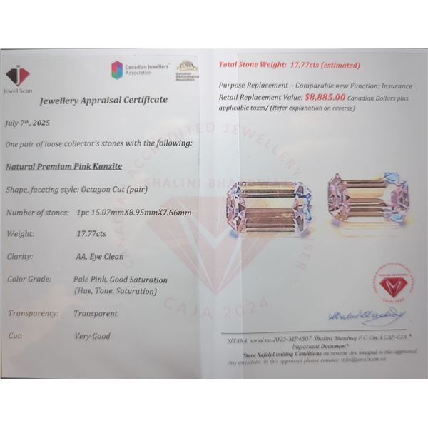 $8,885 Appraisal - 17.77 ct Cert. Pink Kunzite Gemstone Pair
