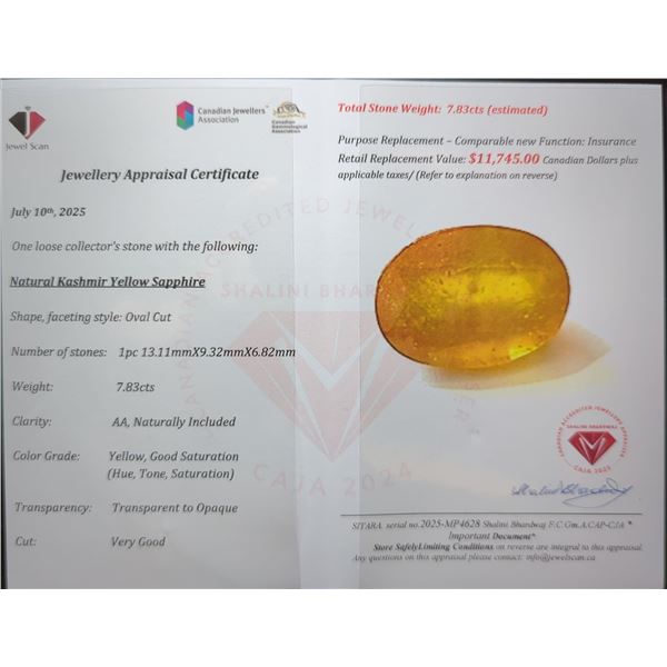 $11,745 Appraisal - 7.83 ct Cert. Yellow Sapphire Gemstone