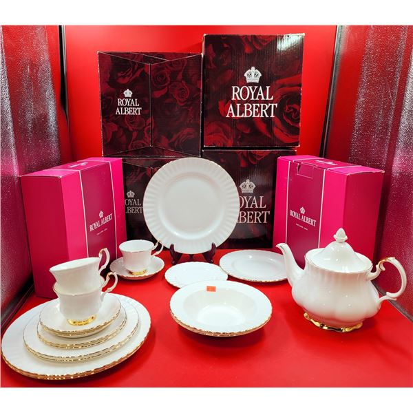 Assorted Royal Albert Fine China w/ 7 Place Settings (5 pc./set), 2 Soup Bowls, & Teapot