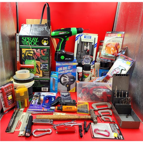 Assorted Tool Lot w/ Power Drill, Clamps, Ball Peen Hammer, Drill Bits, & More