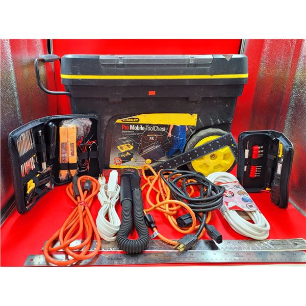 Assorted Tool Lot w/ Stanley Pro Mobile Tool Chest, Extension Cords, & More