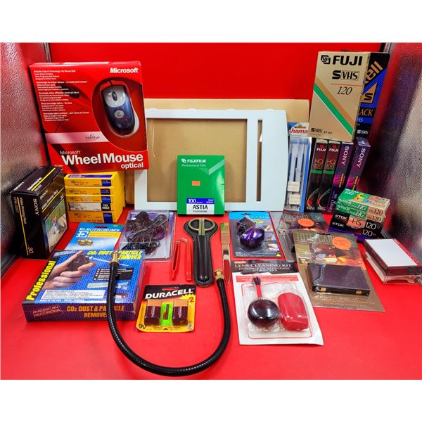 Miscellaneous Lot w/ Microsoft Wheel Mouse, Fujifilm Professional Film, VHSs, Dust Remover, & More