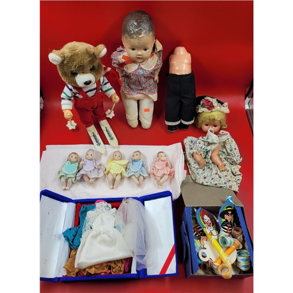 Doll & Bear Lot w/ Doll Parts, Doll Clothes, Super Ski Bear, & More
