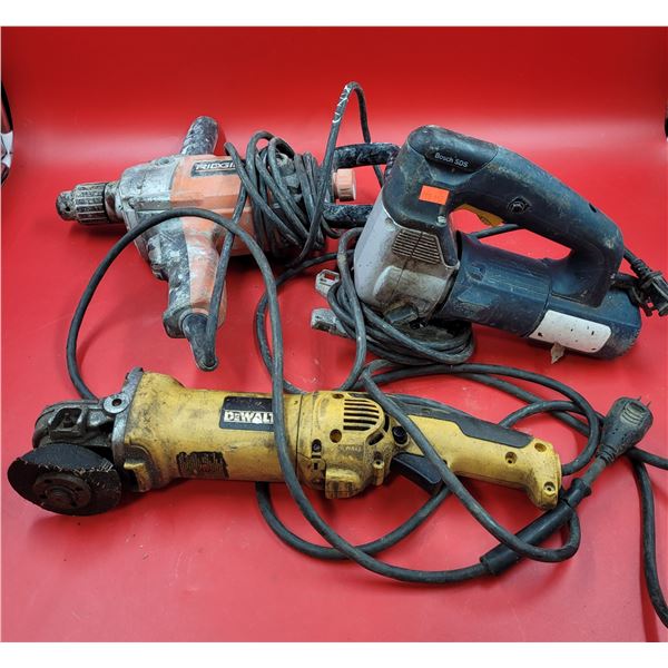 Dewalt Angle Grinder, Ridgid Spade Handle Paddle Drill, & Bosch Jigsaw