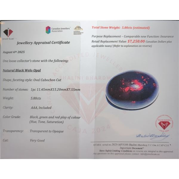 $7,250 Appraisal - 5.8 ct Cert. Black Opal Gemstone