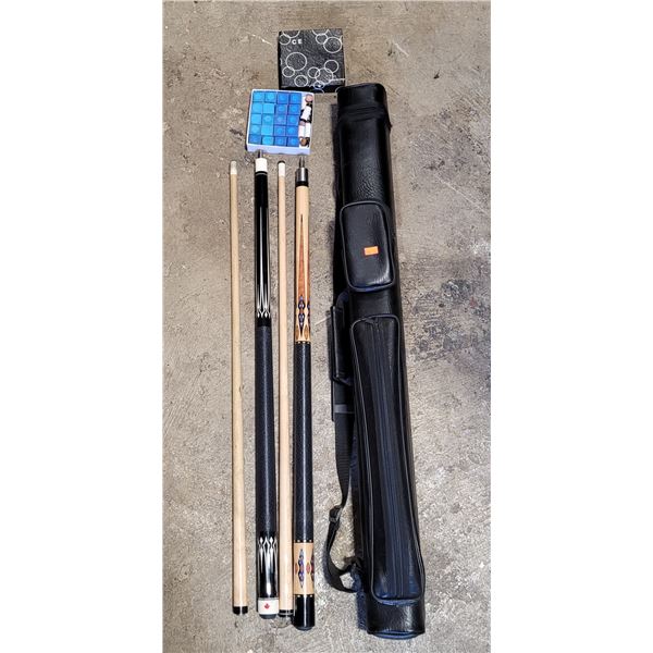 2 Pool Cues w/ Case & Accessories