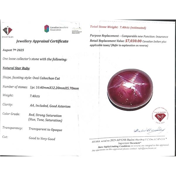 $7,030 Appraisal - 7.4 ct Cert. Red Star Ruby Gemstone