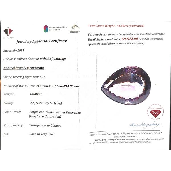 $9,672 Appraisal - 64.48 ct Cert. Bi-Colour Ametrine Gemstone