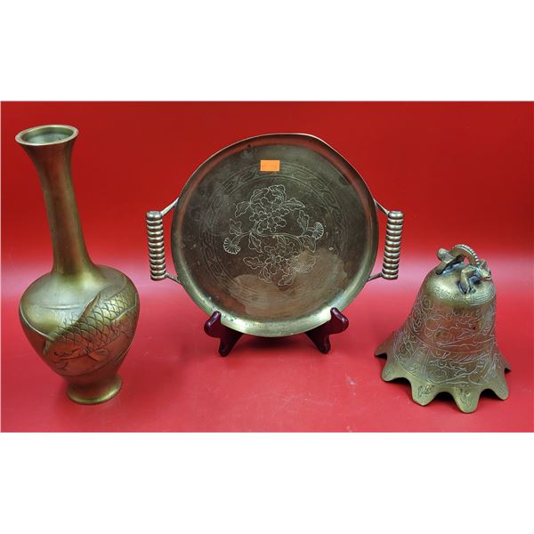 Brass Lot w/ Asian Vase, Serving Tray, & Temple Bell