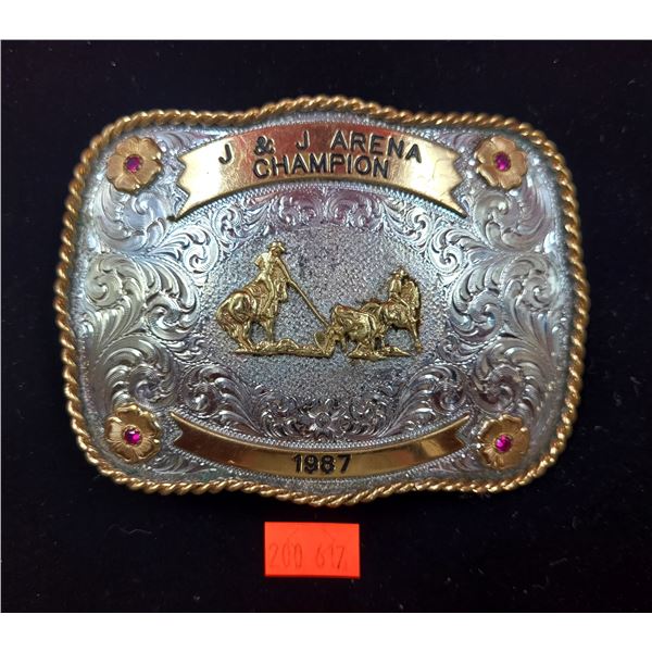 Sterling Silver Plate J & J Arena Champion 1987 Belt Buckle Montana Silversmiths
