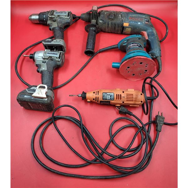 Power Tool Lot w/ Rotary Tool, Makita Sander, Bosch Rotary Hammer Drill, & 2 Maximum Drills