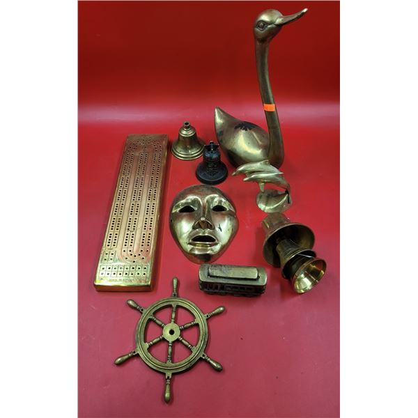 Assorted Brass Lot w/ Mask, Crib Board Made in Canada, Figurines, & More