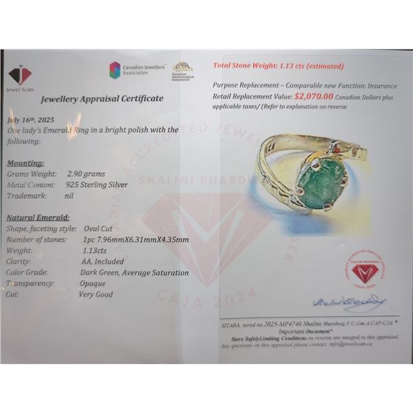 $2,070 Appraisal - 2.9 ct Cert. Gram Emerald Gemstone Ring