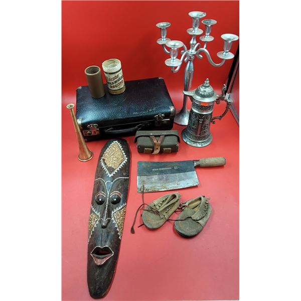 VTG Miscellaneous Lot w/ Child Moccasins, Stein, Mask, Cleaver, & More