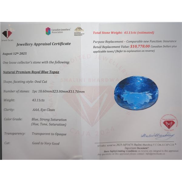 $10,778 Appraisal - 43.11 ct Cert. Royal Blue Topaz Gemstone